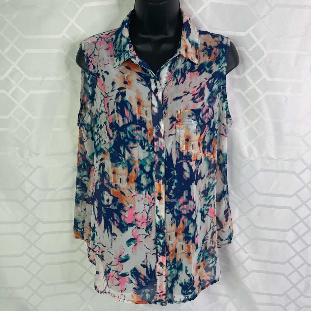 Liz Claiborne Sleeveless Pink & Blue Multi Colored Notched Collar Blouse PL